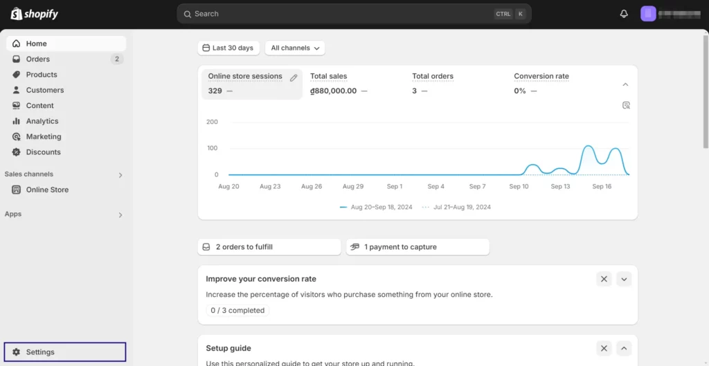 Navigate to Settings in Shopify admin 
